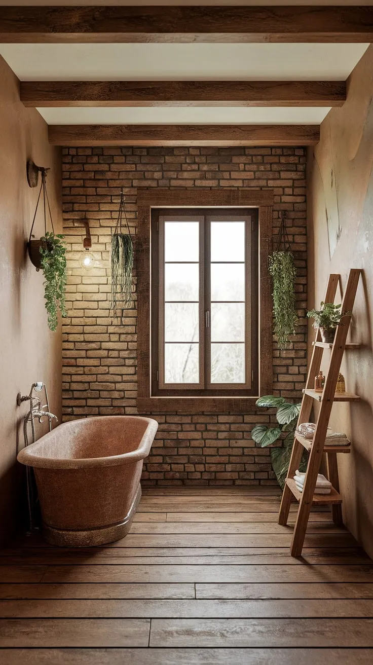 Escape to this idyllic bathroom retreat. The interplay of natural light streaming through the large window, the warmth of the wooden floors and beams, and the textural beauty of exposed brick create an atmosphere of serene comfort. A freestanding tub, nestled amongst hanging plants, promises moments of blissful relaxation in this uniquely designed space.