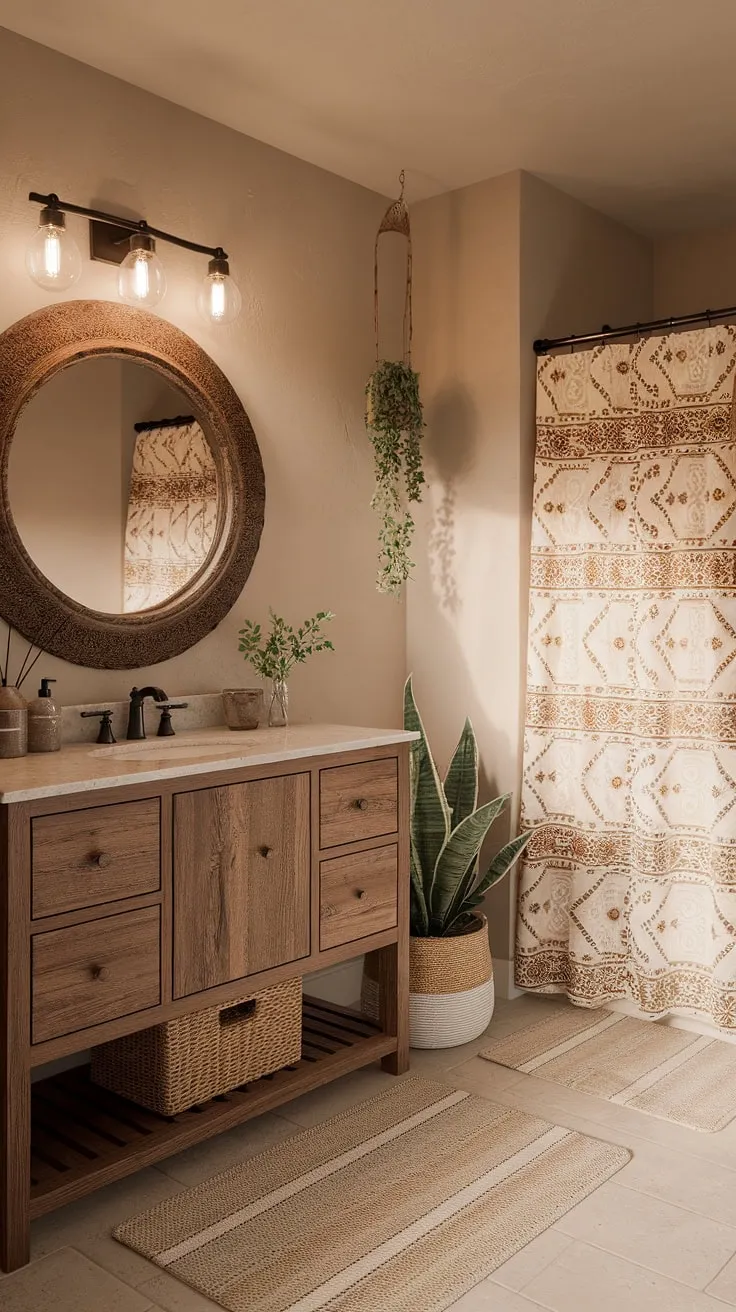 Escape to this tranquil boho bathroom, a haven of earthy charm. The rustic wooden vanity and large round mirror add character, while the soft beige walls and patterned shower curtain create a serene atmosphere. A space designed for mindful moments and peaceful rejuvenation.