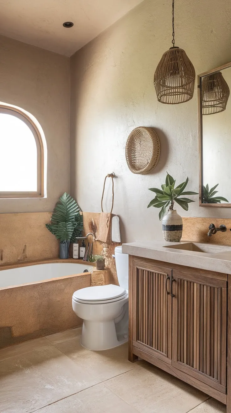 Indulge in the simple pleasures of life. This serene bathroom, bathed in soft light and featuring a charming wooden vanity and a freestanding tub, is a testament to understated elegance. A carefully curated collection of natural elements, including a lush plant and woven accents, creates a space that feels both inviting and effortlessly chic. A true escape from the everyday.