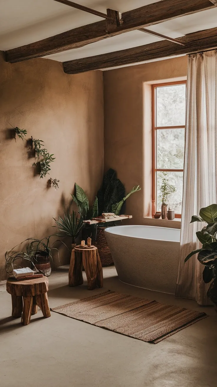 Find your sanctuary in this rustic boho bathroom. Earthy tones, natural light streaming through the large window, and the comforting presence of woven textures create a space of pure relaxation. A perfect escape for unwinding and reconnecting with yourself.