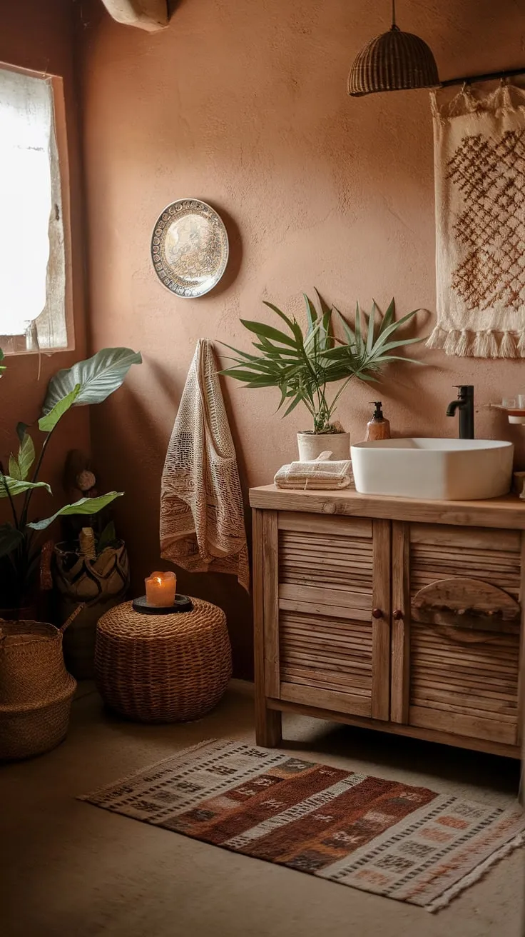 Find your inner peace in this cozy boho bathroom. The blend of rustic wood, soft textures, and pops of greenery creates a space that feels both inviting and effortlessly stylish. Let the calming ambiance transport you to a place of quiet contemplation and allow you to reconnect with a deeper sense of self.