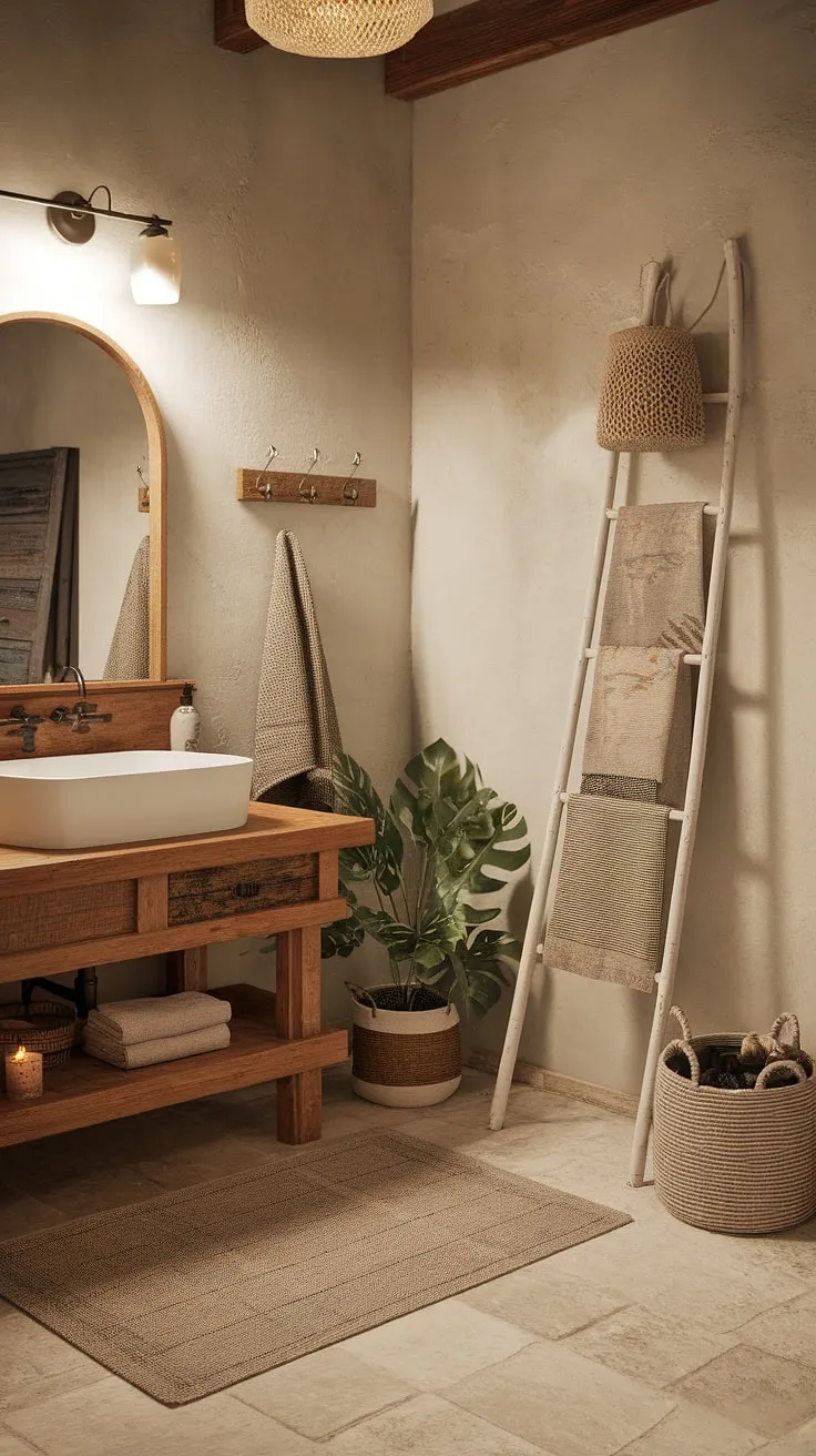 Rustic charm meets modern comfort in this boho bathroom. The warm wood tones of the vanity, paired with the creamy tiles and pops of greenery, create a serene and inviting space. A simple white ladder adds a touch of unexpected elegance, showcasing carefully curated textiles and personal touches. This is a sanctuary where relaxation is paramount.