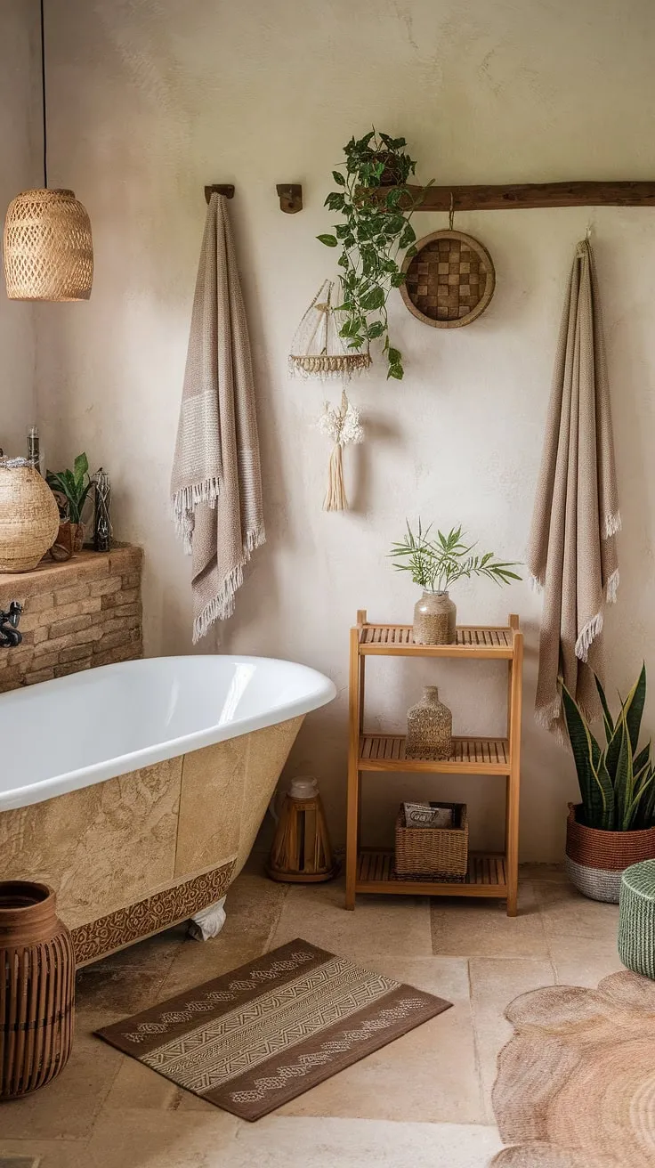 Indulge in the earthy embrace of this rustic boho chic bathroom; a sanctuary where tranquility meets style. The freestanding tub, adorned with beige and brown patterns, invites you to unwind amidst the calming presence of potted plants and warm lighting. A perfect blend of nature and comfort.