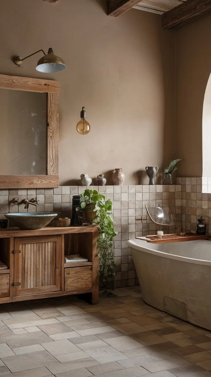 Escape to your own private oasis. This bathroom's warm, inviting atmosphere, created with natural materials and vintage finds, is the epitome of relaxed elegance. The thoughtful details, from the wooden cabinet to the carefully chosen plants, create a space where you can truly unwind and rejuvenate.