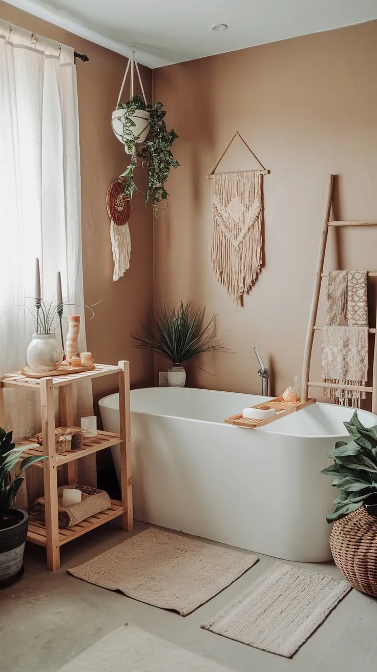 Bathe your worries away in this charming boho-chic haven. A blend of rustic wood, soft textures, and vibrant greenery, this bathroom is a testament to understated elegance. The thoughtfully placed ladder, the hanging plants, and the carefully chosen accessories all contribute to a space that feels both inviting and utterly relaxing. A perfect retreat.