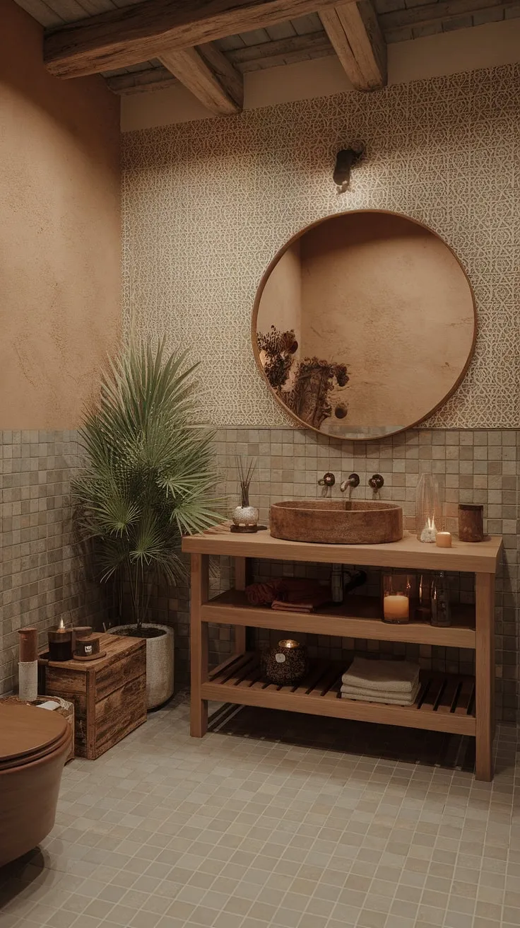 Indulge in the simple pleasures of this charming boho bathroom. The warm, inviting atmosphere, created by the blend of rustic wood and earthy textures, makes it the perfect place to start and end your day. Every detail, from the round mirror to the carefully chosen decorative accents, contributes to a sense of peaceful serenity.