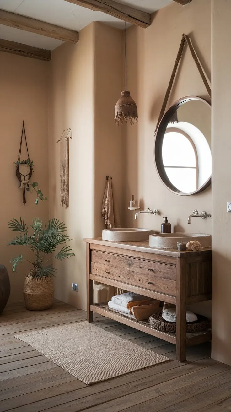Indulge in the simple pleasures of this rustic boho bathroom. The soft beige walls, wooden floors, and handcrafted vanity create a calming space, perfect for unwinding after a long day. Personal touches and a touch of greenery add warmth and character, making it a truly inviting retreat.
