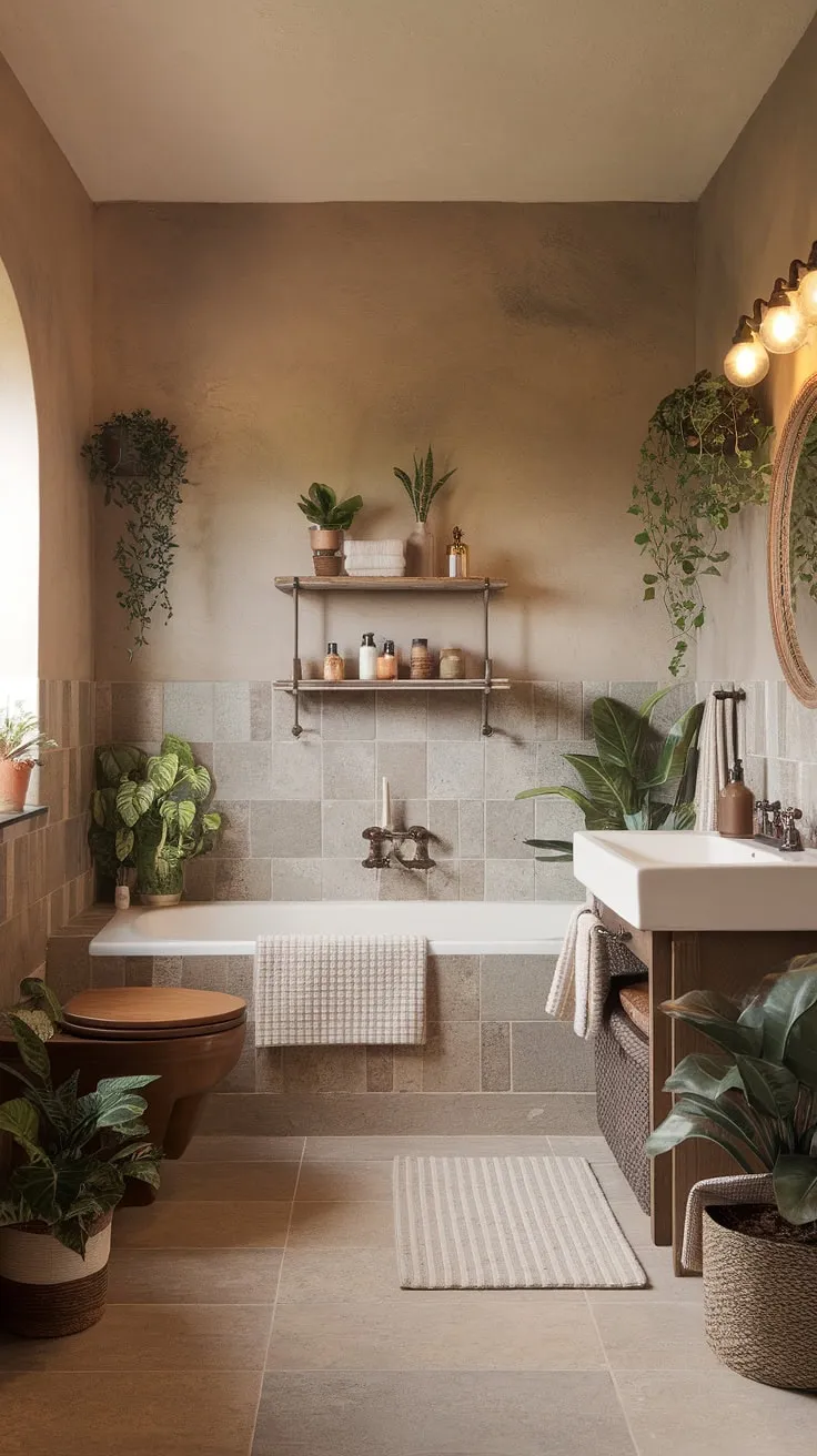 Indulge in tranquility. This rustic boho bathroom, with its earthy tones and lush greenery, offers a sanctuary for relaxation and self-care. The warm lighting and carefully chosen textures create a space where you can truly unwind. A perfect blend of comfort and style.