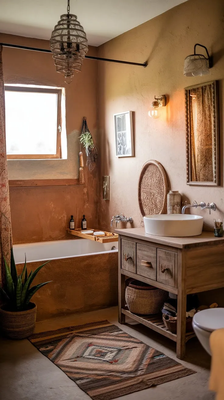 Indulge in the simple pleasures of life in this charming bathroom. The white bathtub, wooden vanity, and carefully curated décor create a space that feels both inviting and sophisticated. The warm lighting and earthy tones foster a sense of calm, making it the ideal spot for a relaxing soak. A true haven for the soul.