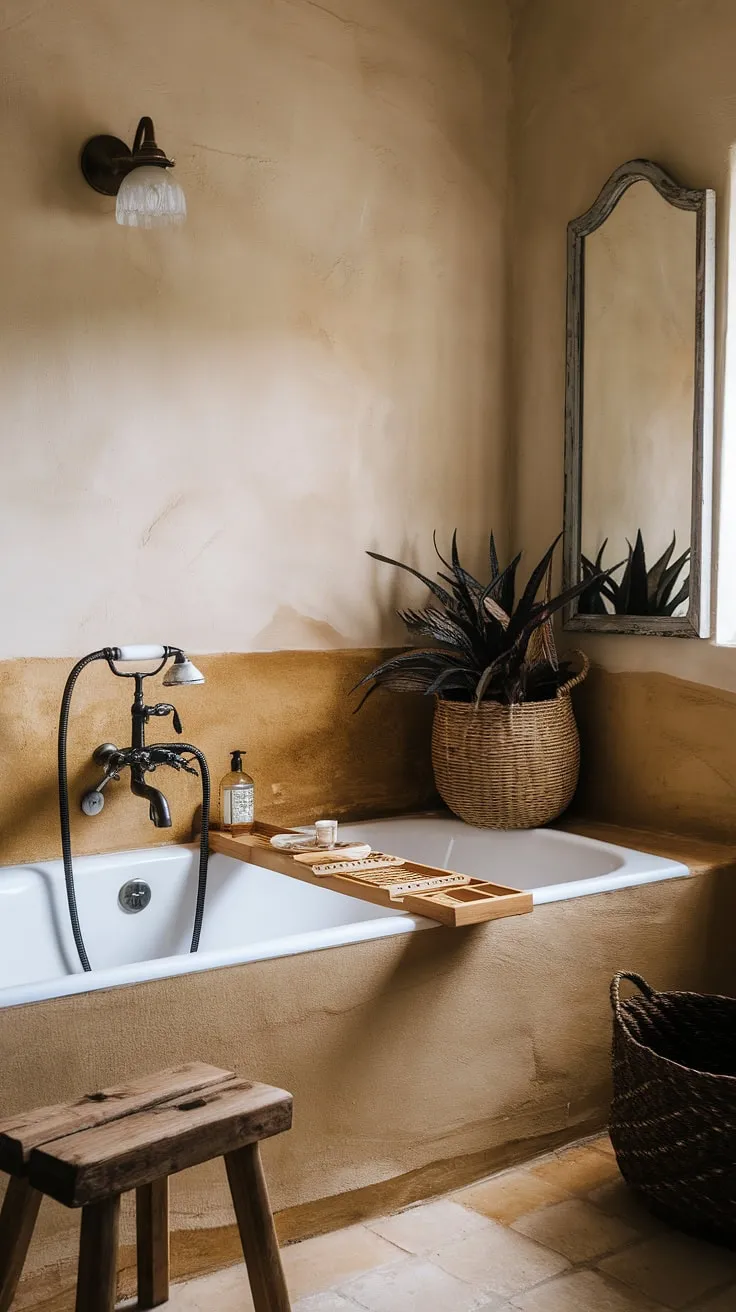 Indulge in the earthy embrace of this rustic boho bathroom; a sanctuary where nature's serenity meets modern comfort. The vintage mirror reflects the soft glow of the light fixture, casting a warm ambiance over the white bathtub and woven basket brimming with life. A wooden stool sits patiently nearby, adding to the space's relaxed charm. This is where tranquility resides.
