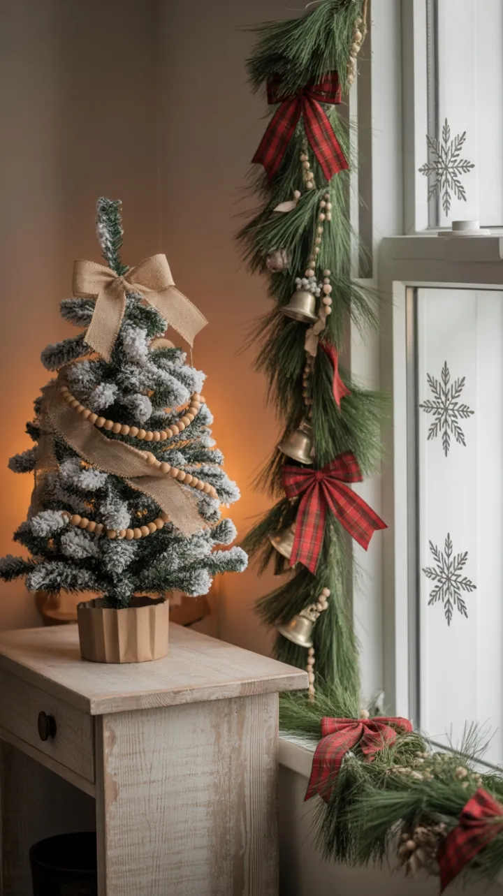Cozy Rustic Christmas Nook with Burlap Ribbon and Flocked Tree