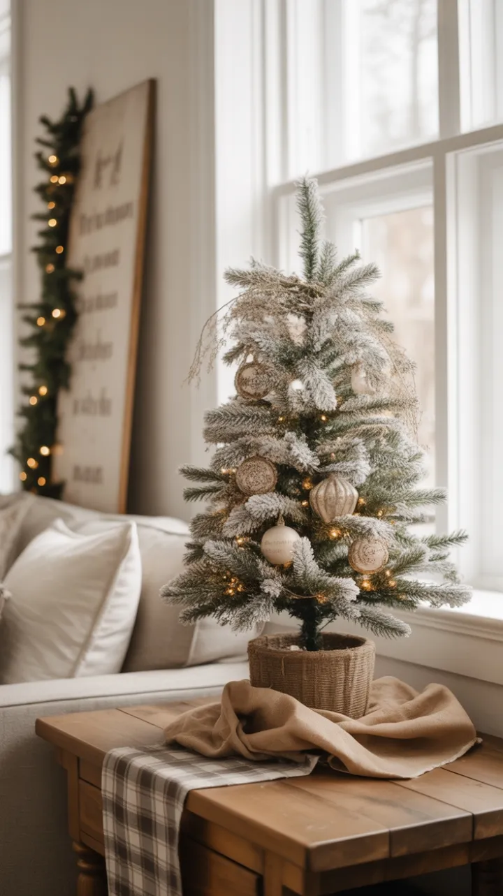 Cozy Rustic Christmas Nook with Flocked Tree, Burlap Accents, and Warm Window Light