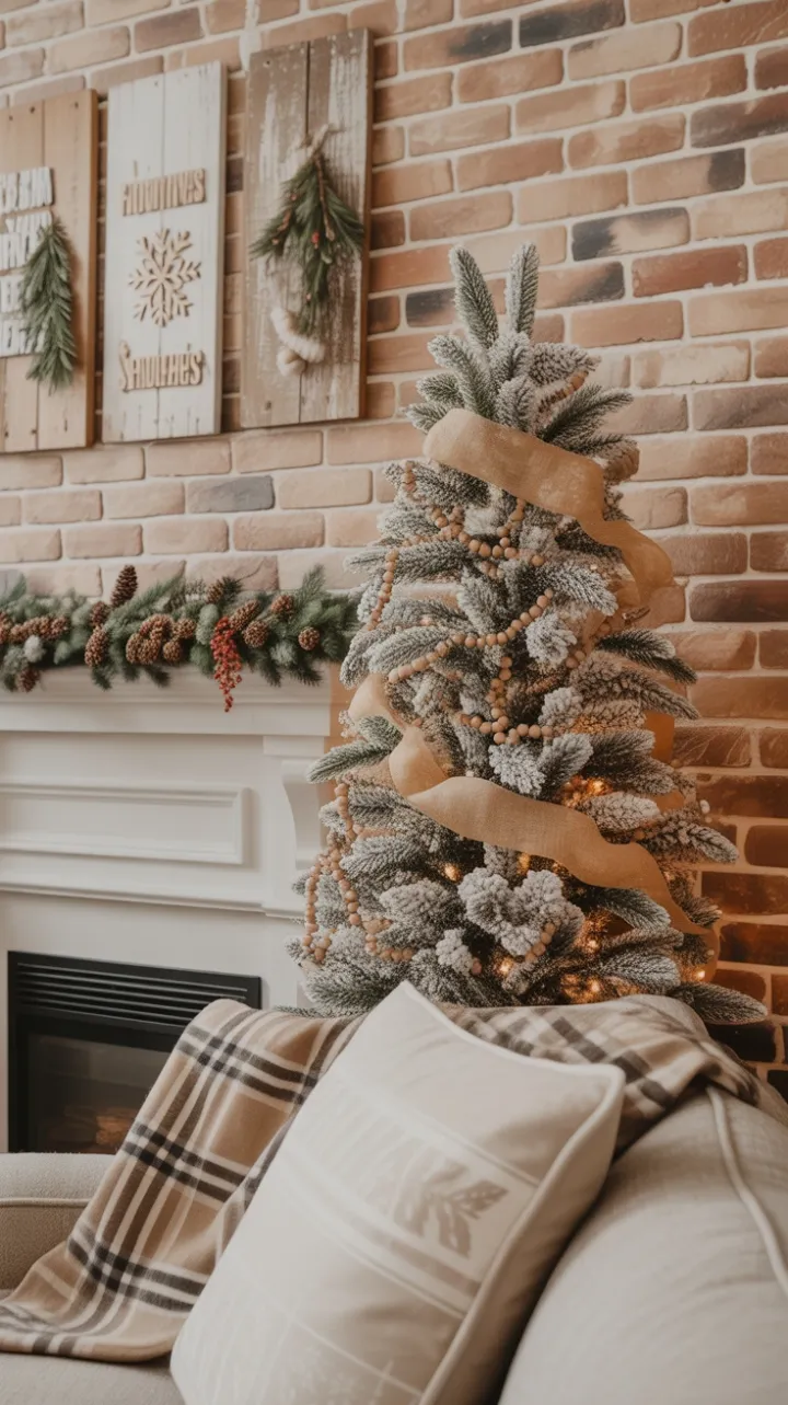 Cozy Rustic Christmas Nook with Flocked Tree and Plaid Throws