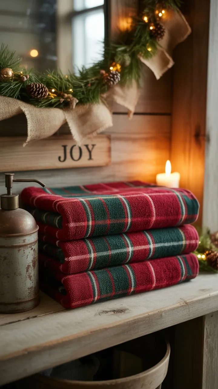 Joyful Rustic Christmas Bathroom with Plaid Towels and Burlap Garland