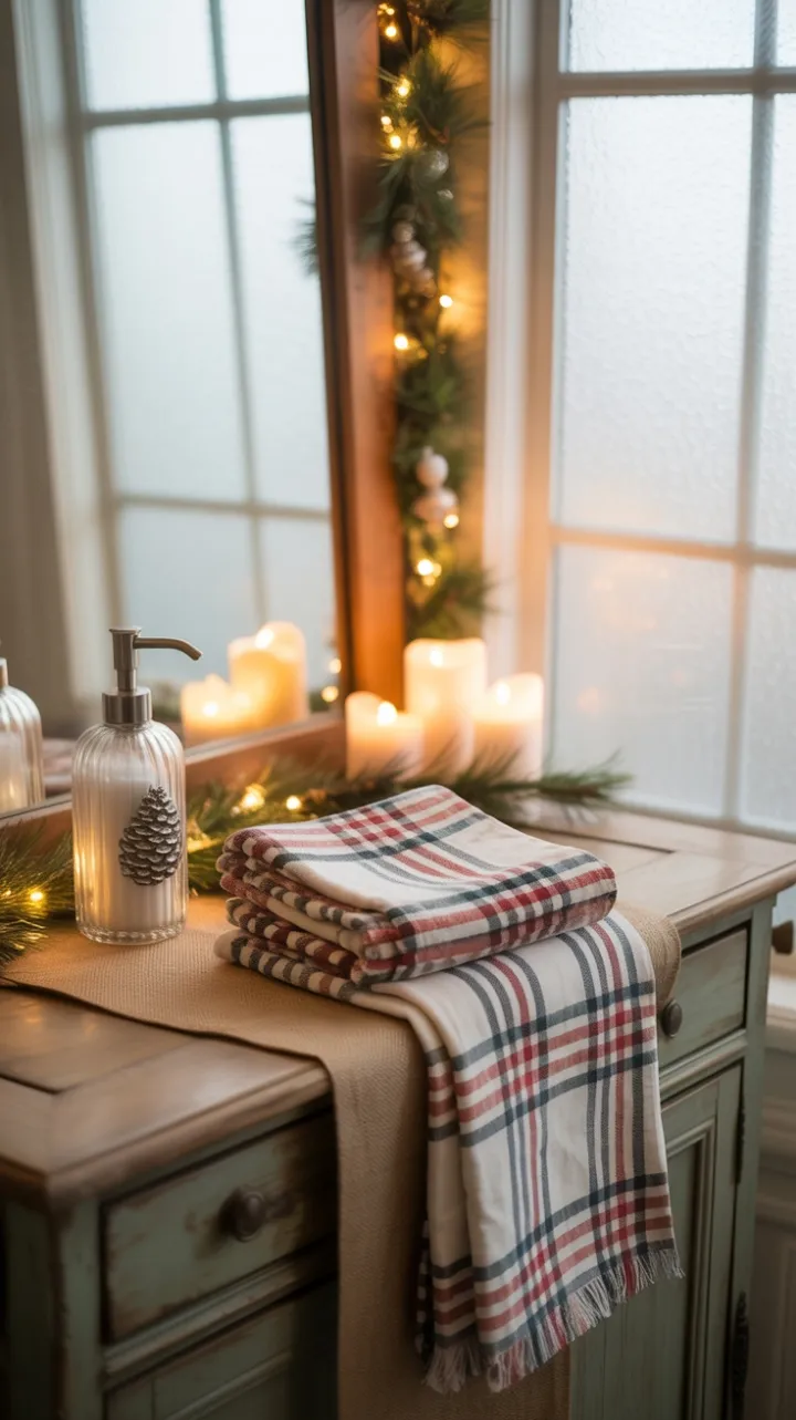Cozy Rustic Christmas Vanity with Plaid Towels and Pinecone Candlelight