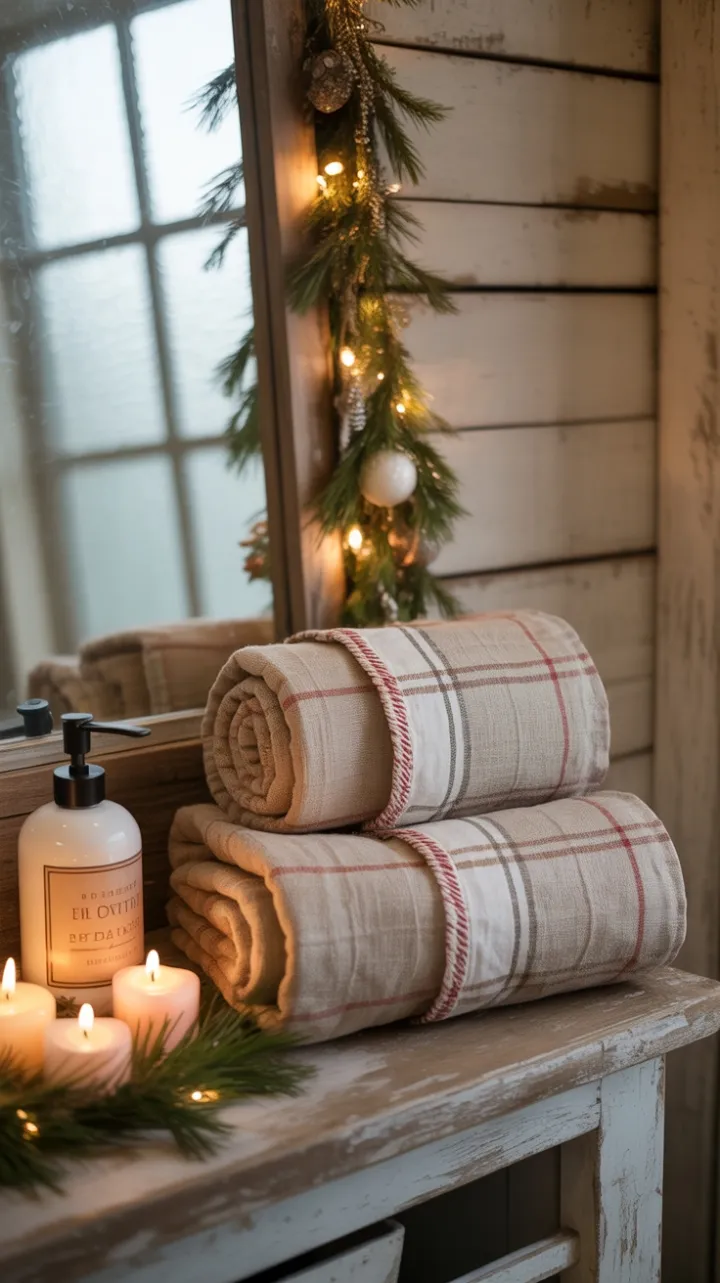 Cozy Rustic Christmas Bathroom with Burlap Towels and Evergreen Glow