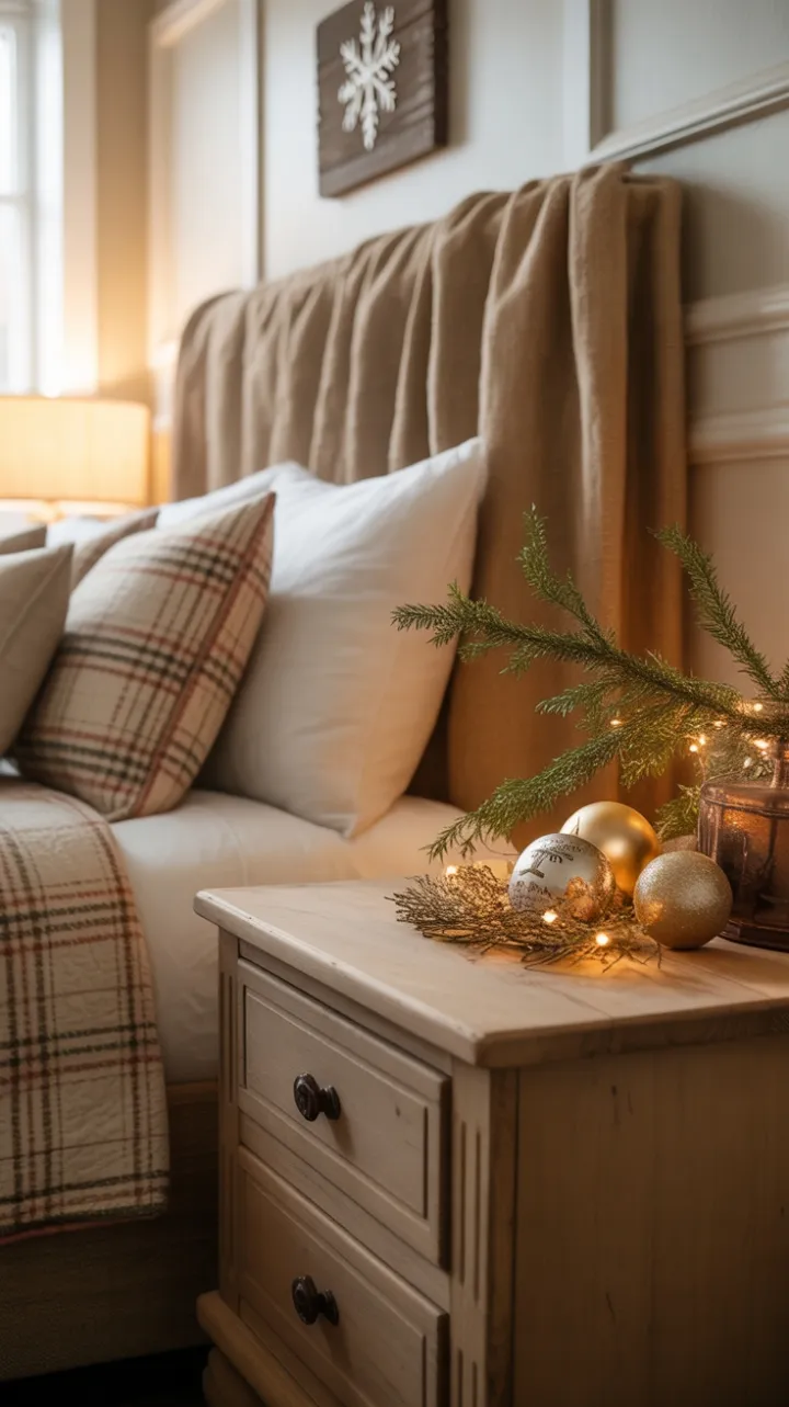 Cozy Rustic Christmas Bedroom Warmed by Plaid, Pine, and Weathered Wood