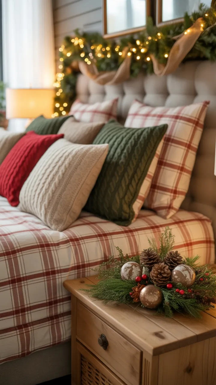 Cozy Rustic Christmas Bedroom with Plaid Bedding and Twinkling Lights