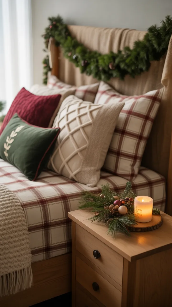 Cozy Rustic Christmas Bedroom Draped in Plaid, Pine, and Candlelight