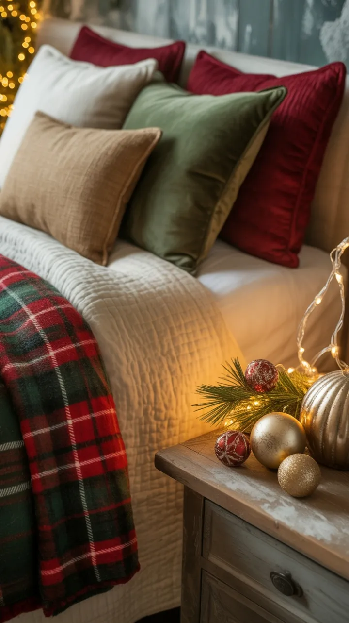 Snow-Dusted Rustic Christmas Bedroom with Plaid and Pine