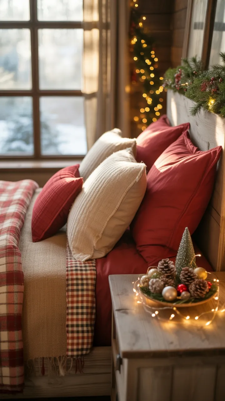 Cozy Rustic Christmas Bedroom with Plaid Bedding, Burlap Curtains, and Warm Fairy Lights