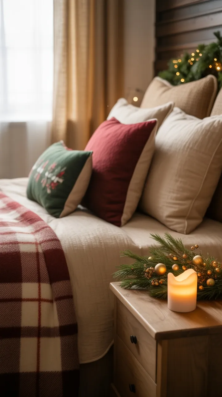 Cozy Rustic Christmas Bedroom Bathed in Candlelight and Warmth