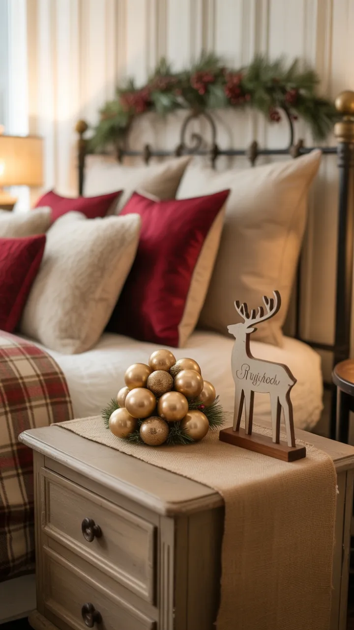 Cozy Rustic Christmas Bedroom with Vintage Nightstand