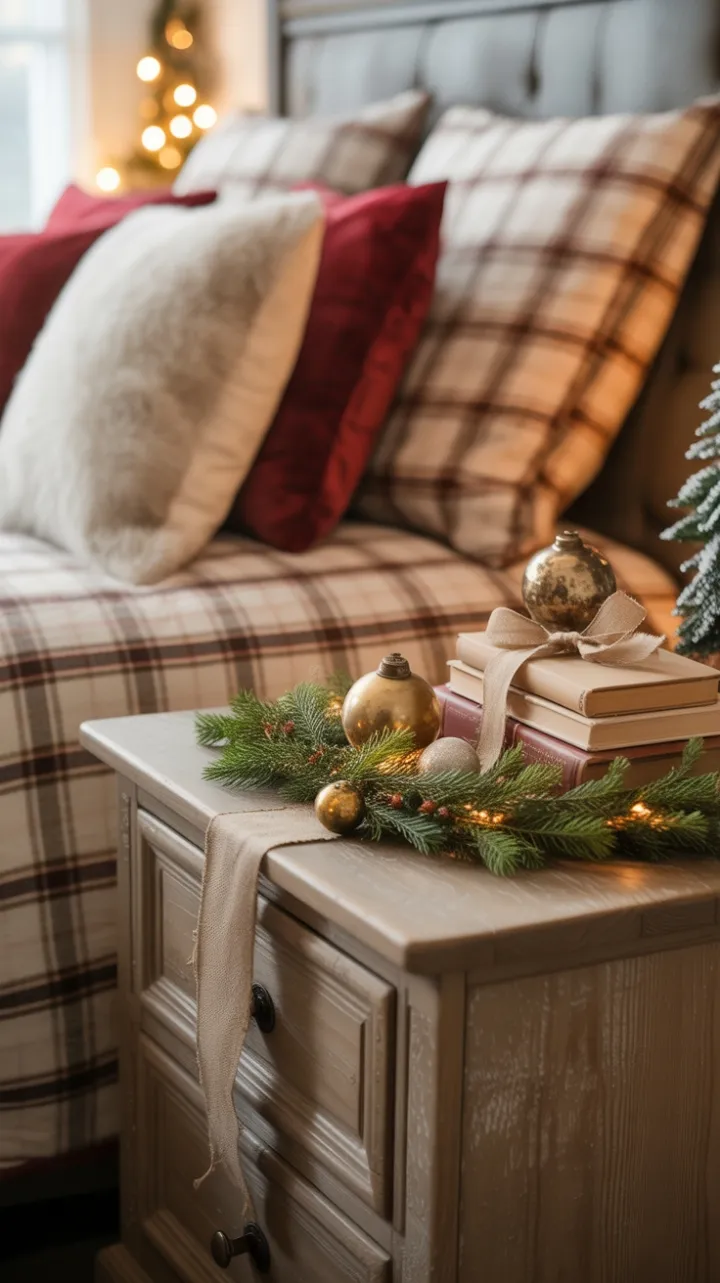 Cozy Rustic Christmas Corner with Burlap-Bound Books and Brass Ornaments