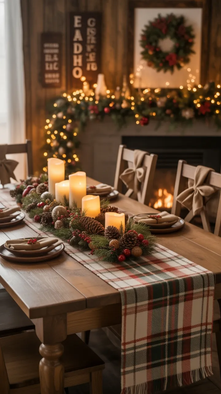 Fireside Rustic Christmas Table with Plaid, Pinecones, and Candlelight