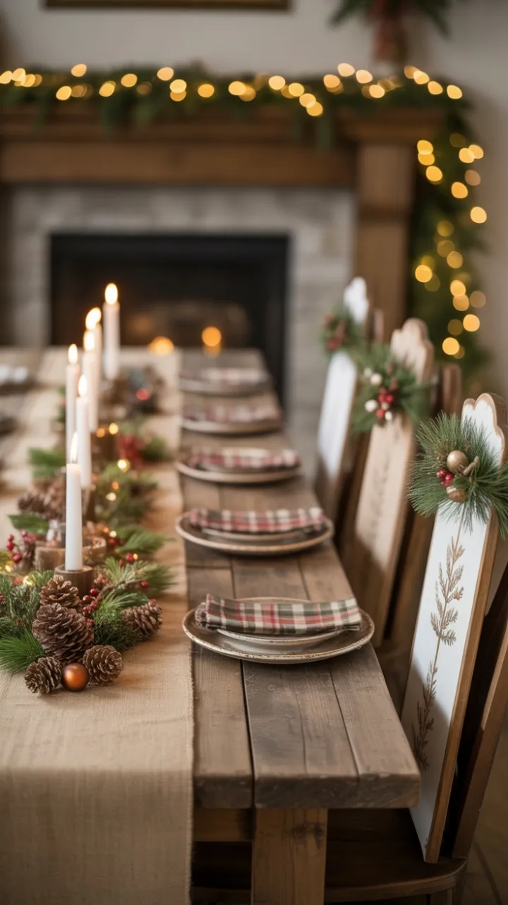 Hearthlit Rustic Christmas Table of Burlap, Pinecones and Twinkling Lights