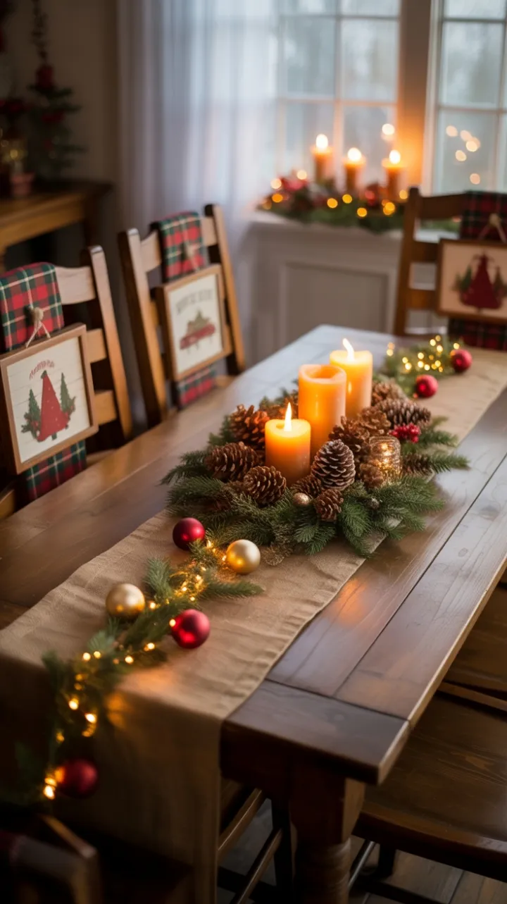 Cozy Rustic Christmas Table Dressed in Burlap, Pinecones and Amber Candlelight