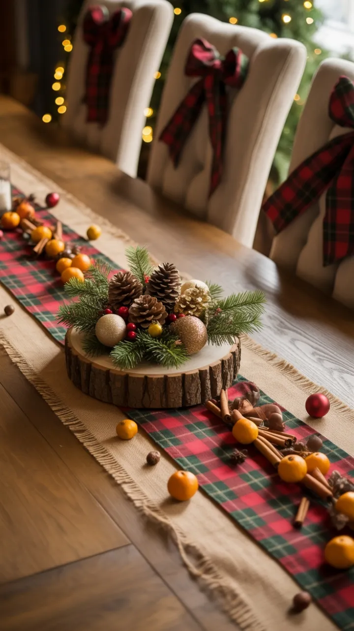 Warm Rustic Christmas Table Adorned with Burlap, Pinecones, and Spiced Ornaments