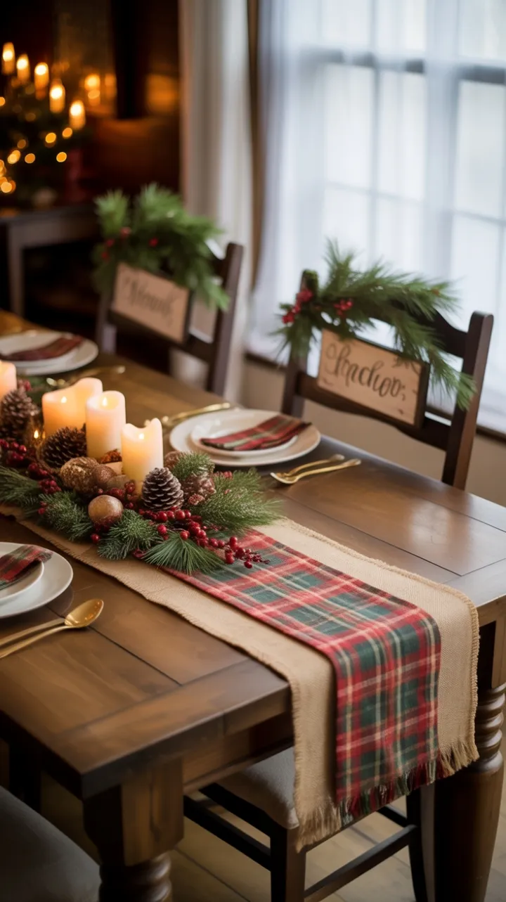 Candlelit Rustic Christmas Table Dressed in Plaid, Pine and Warmth