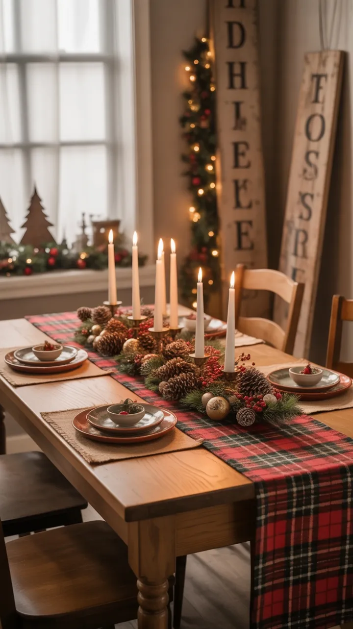 Cozy Rustic Christmas Table with Plaid and Pinecones