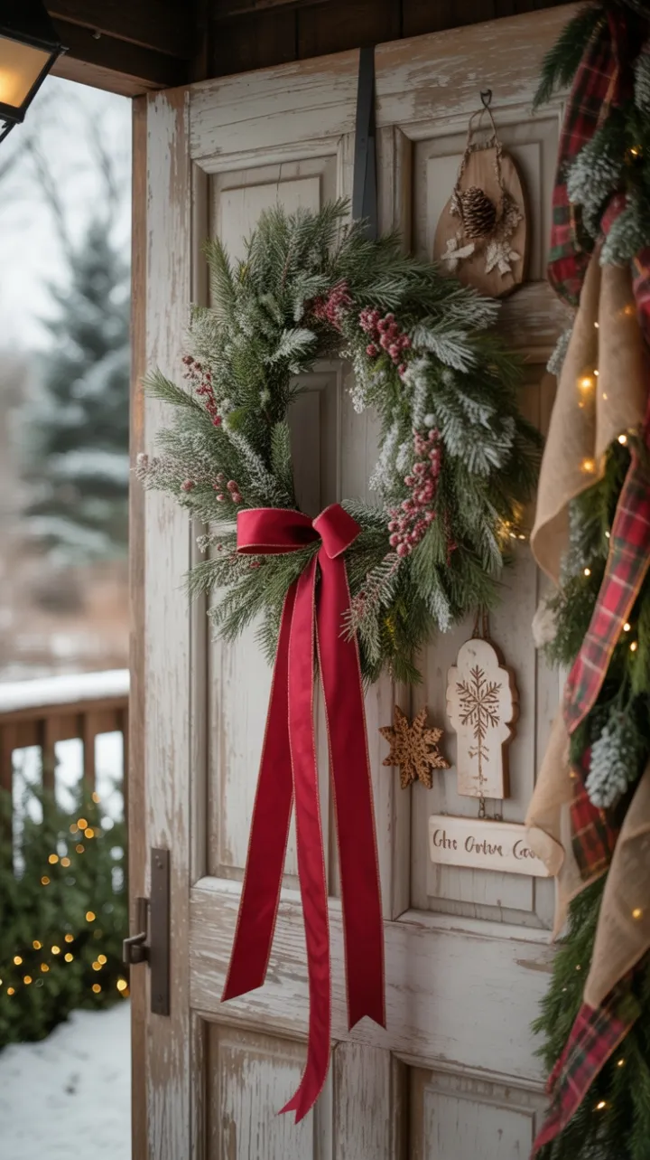 Crimson Ribbon Wreath on a Snow-Dusted Rustic Door