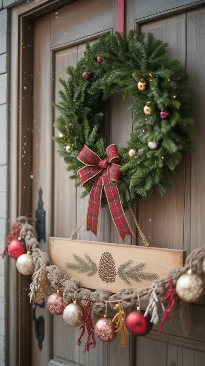 Snow-Kissed Rustic Doorway with Plaid Bow and Burlap Wreath