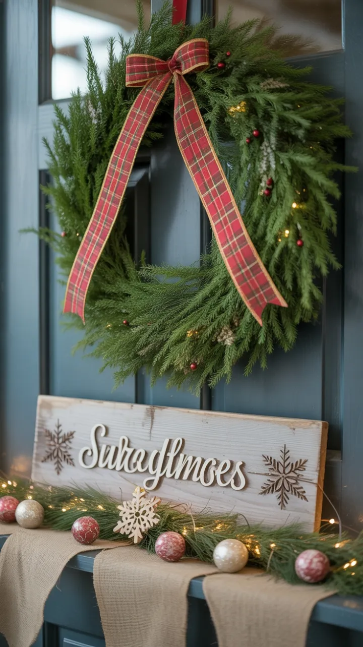 Rustic Christmas Welcome with Plaid Ribbon Wreath