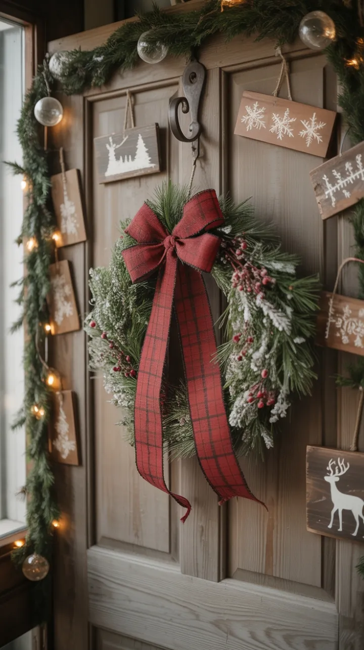 Frosted Wreath and Burlap Bow on a Weathered Christmas Door