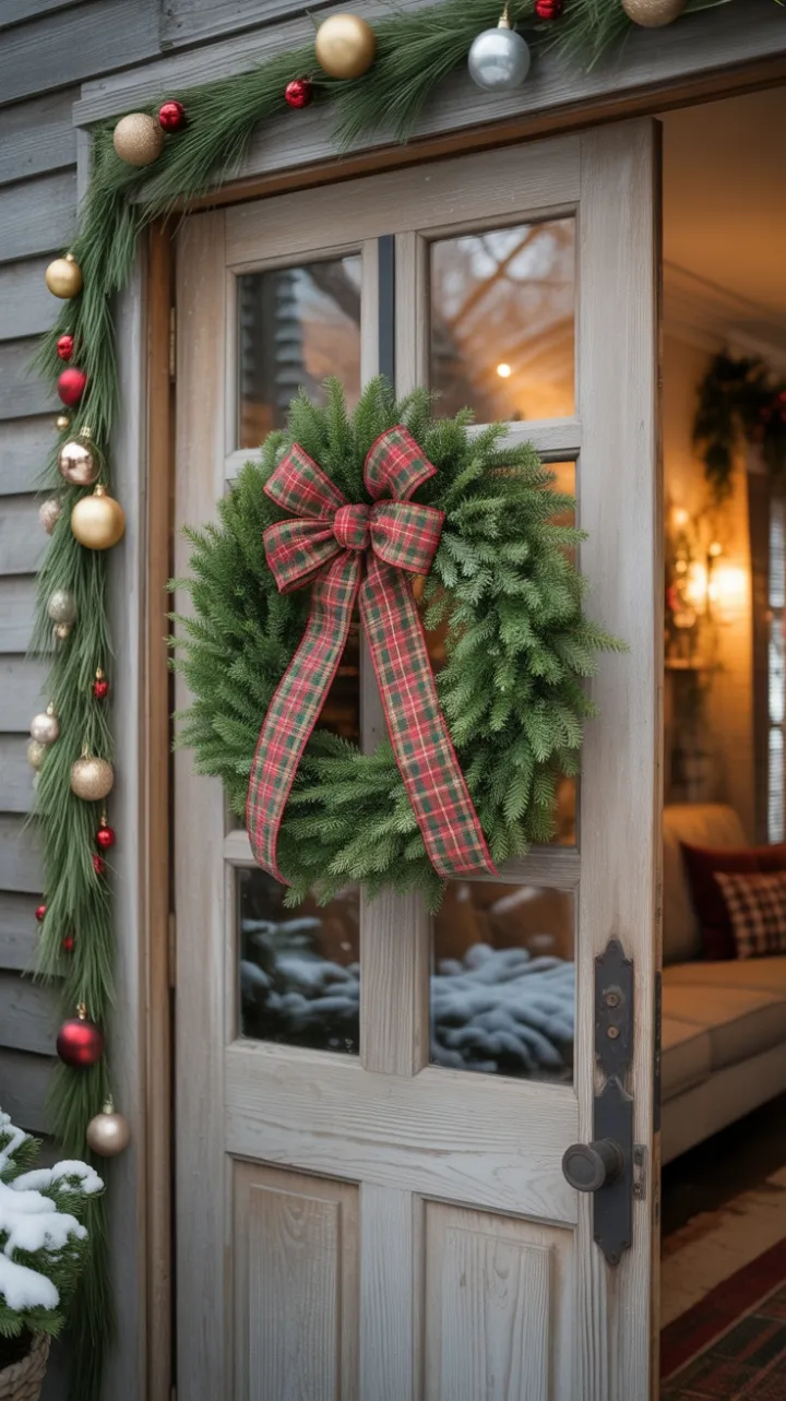 Plaid Bow Welcome on a Snow-Kissed Rustic Door