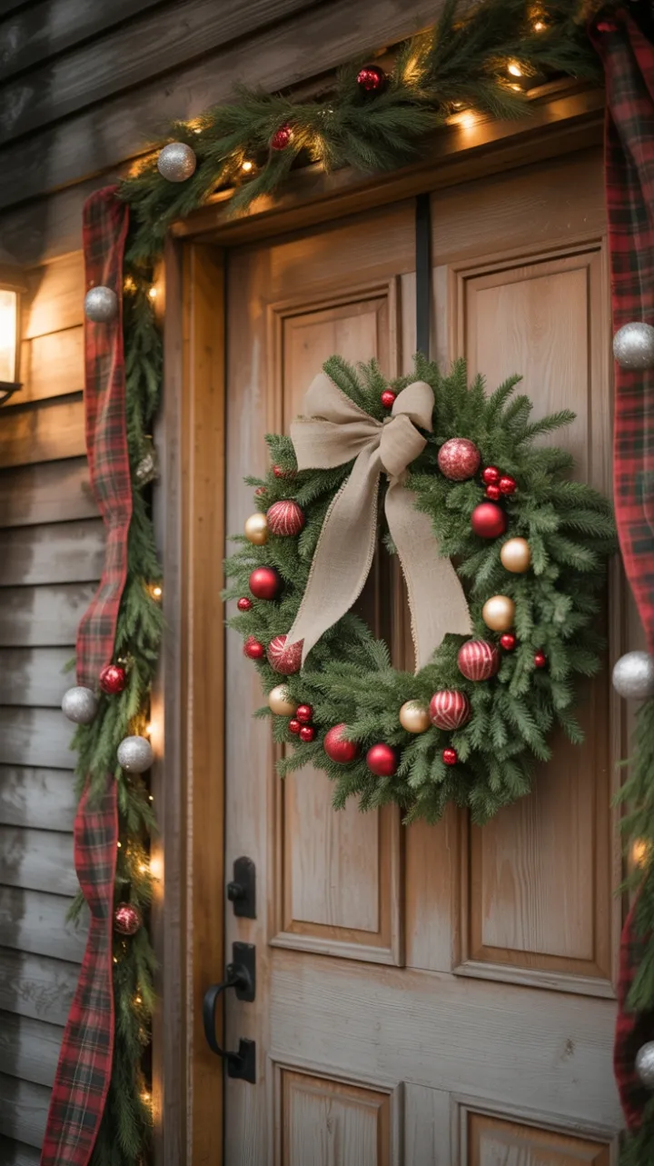 Warm Rustic Christmas Welcome with Burlap Wreath and Plaid Garland