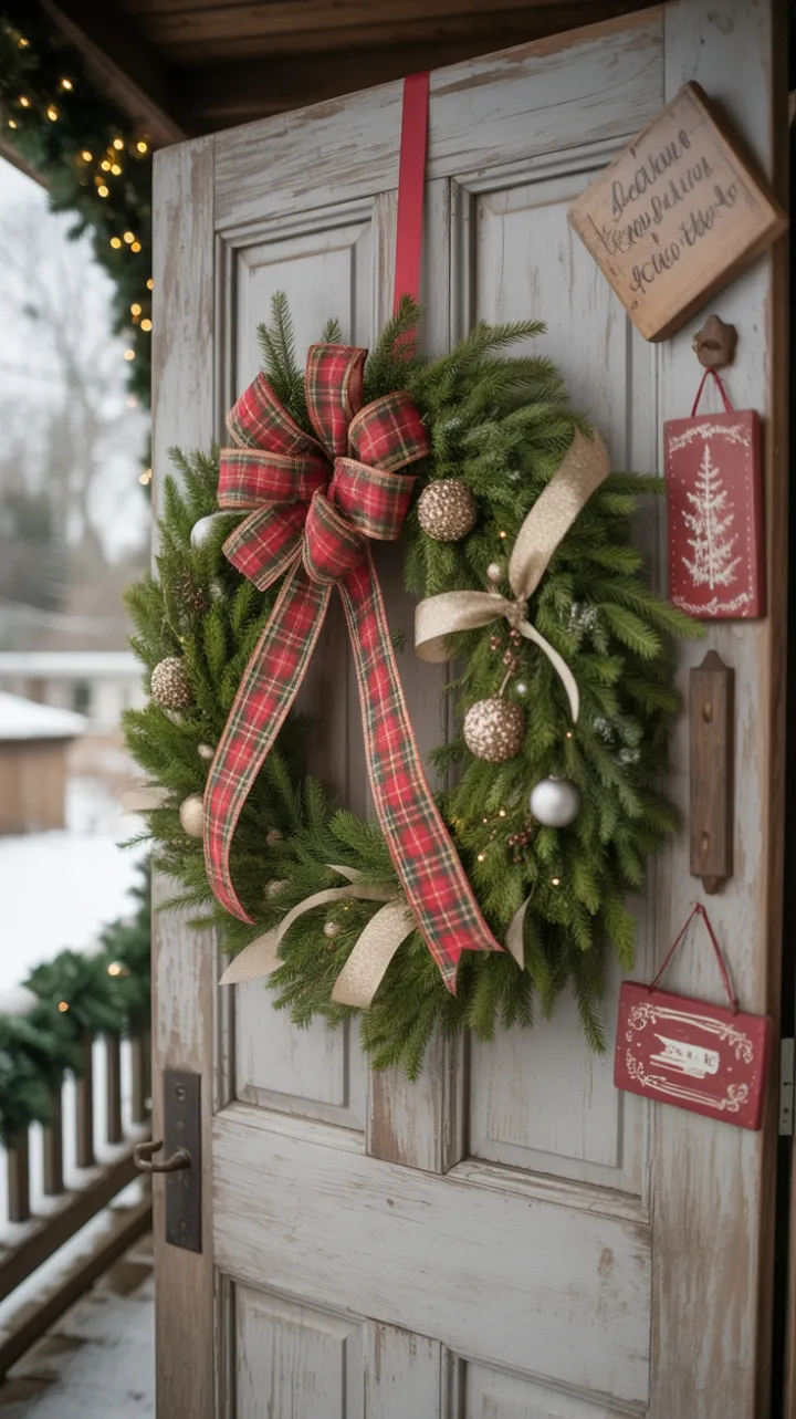 Plaid-Bowed Wreath on a Snow-Dusted Weathered Door