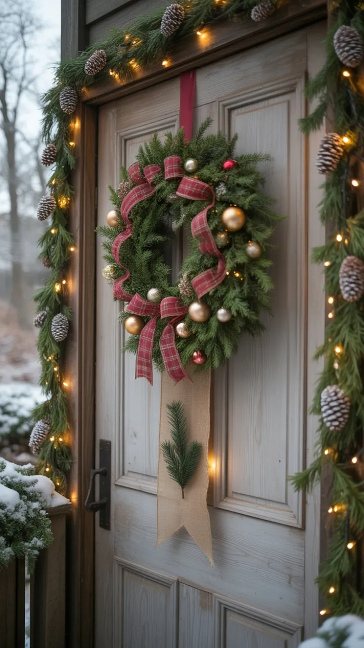 Snow-Dusted Welcome: A Rustic Holiday Doorway