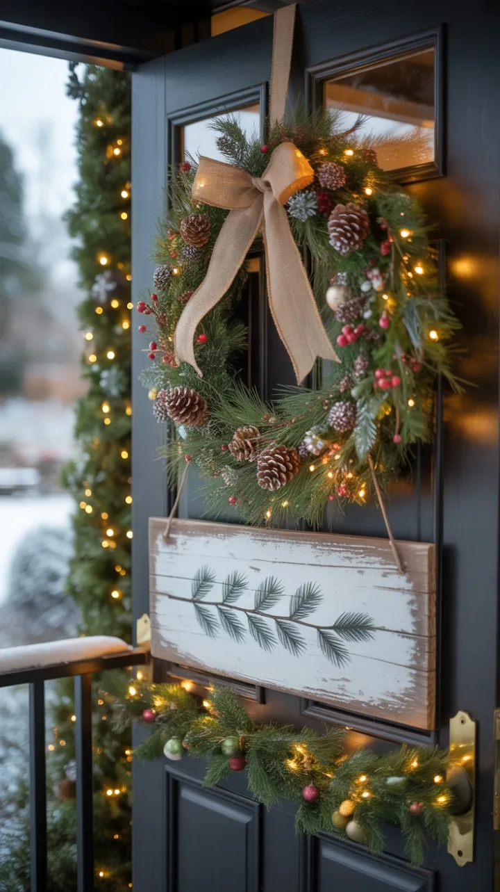 Cozy Rustic Christmas Welcome with Burlap Bow and Twinkling Lights