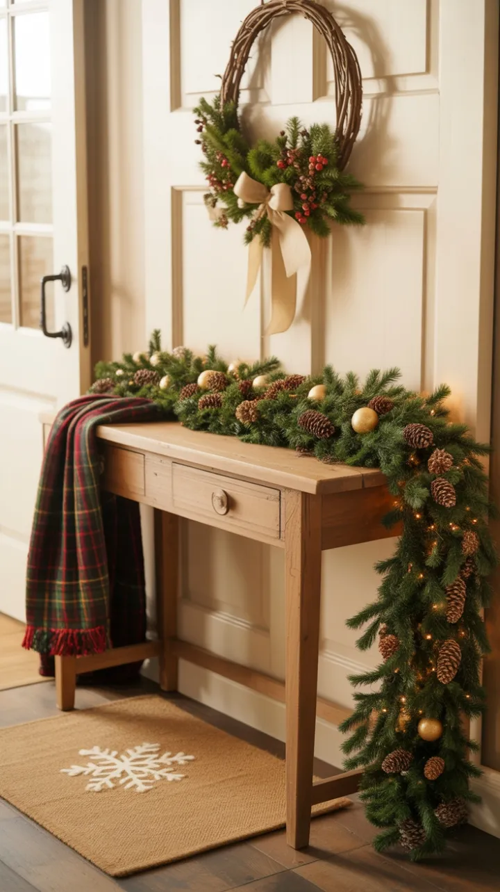 Rustic Holiday Welcome with Plaid, Pinecones, and Warm Light