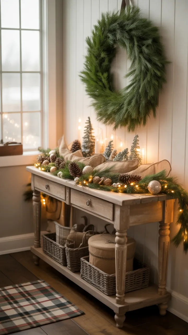 Cozy Rustic Christmas Entryway Adorned with Burlap, Plaid and Gold