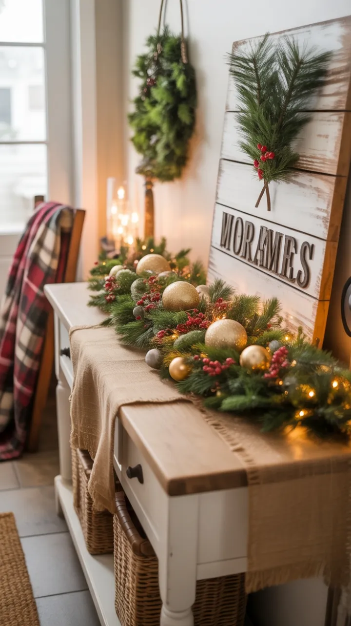 Warm Holiday Entryway with Burlap, Plaid and Golden Ornaments