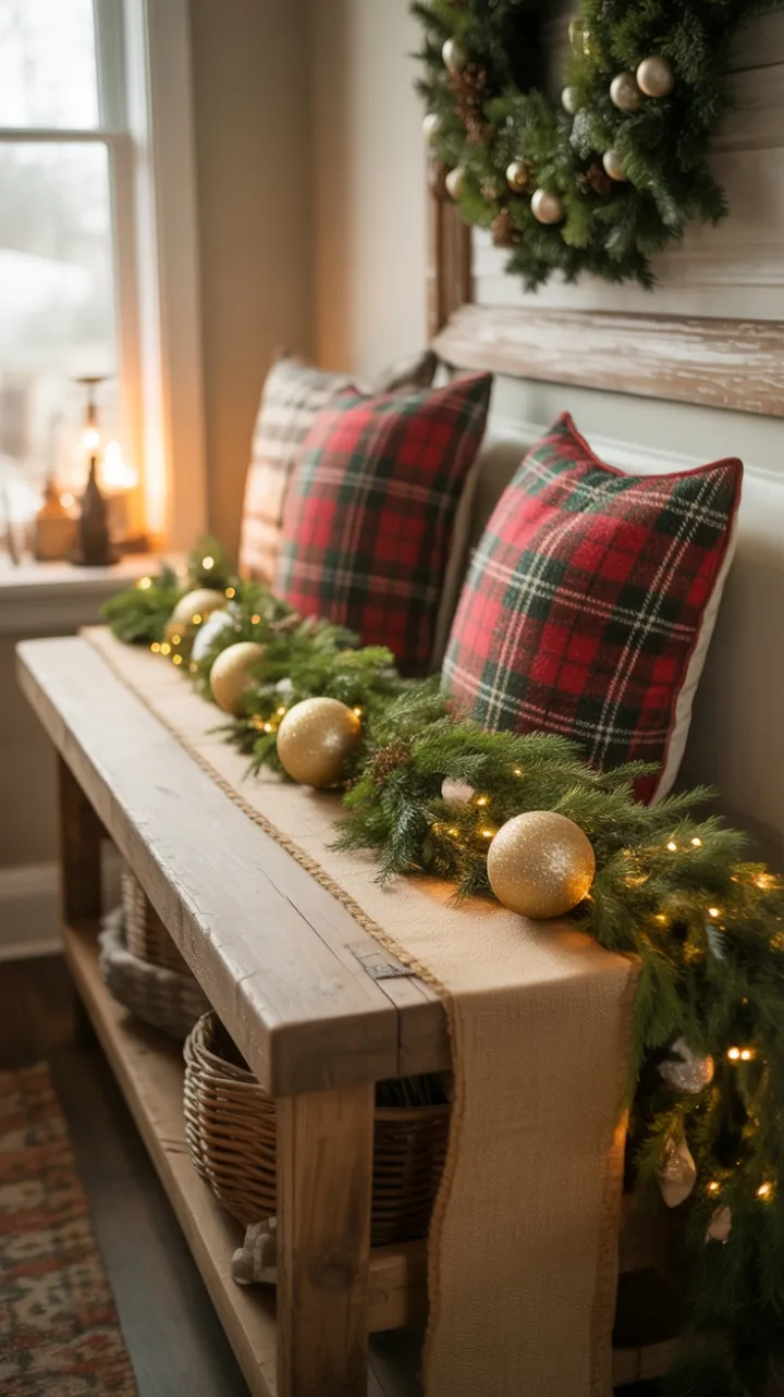 Warm Rustic Christmas Entryway Dressed in Plaid Burlap and Gold