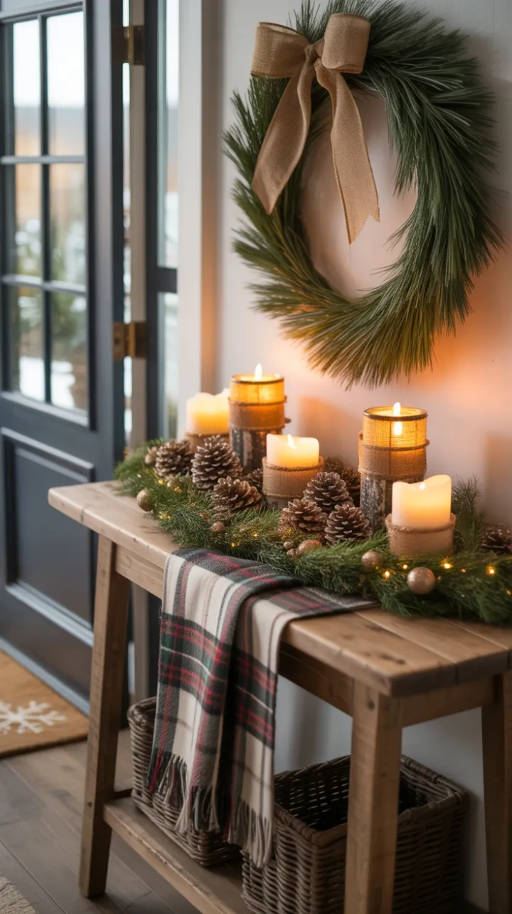 Golden-Glow Rustic Entryway Dressed in Pine, Burlap, and Plaid