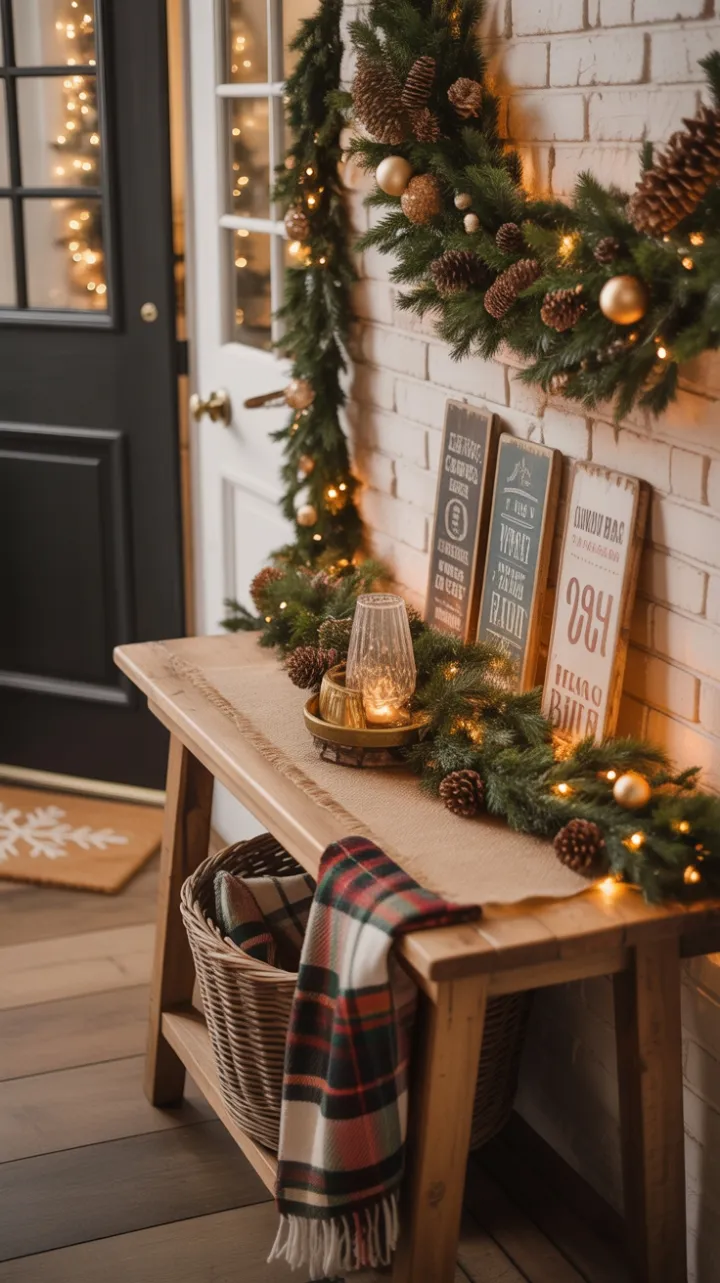 Warm Rustic Christmas Welcome with Garland, Plaid, and Golden Glow