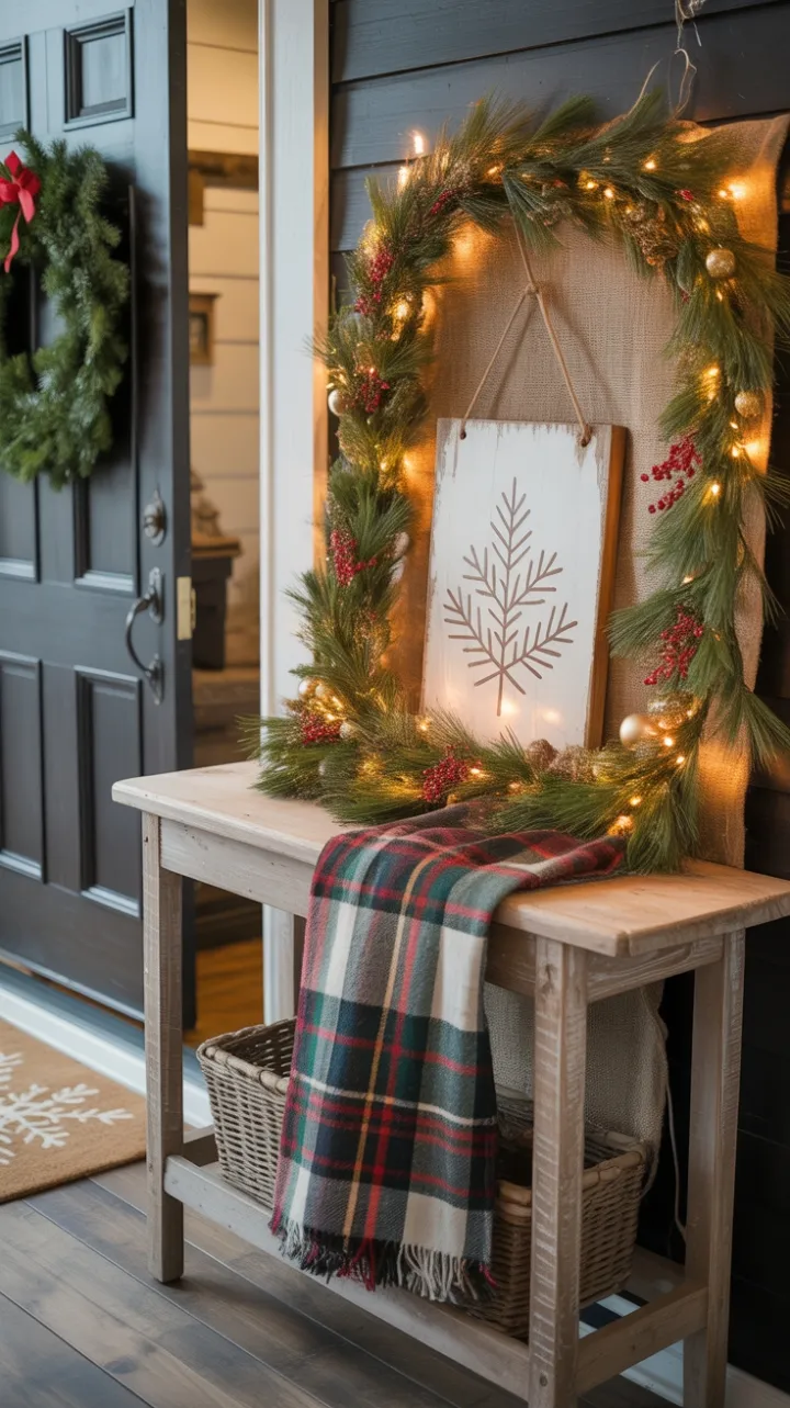 Cozy Rustic Christmas Entryway Adorned with Pine, Plaid, and Berries